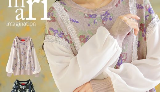 選べるM〜3Lサイズ展開！『somari imaginationシフォンスリーブ花柄ニット』[ニット レディース トップス プルオーバー 長袖 シフォン袖 花柄 フラワー ジャカード ジャガード 異素材MIX パステル]※返品交換不可※【メール便不可】