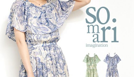 選べるM〜3Lサイズ展開！『somari imaginationケープデザインペイズリー柄ワンピース』[ロング ワンピース レディース 春夏 ティアード フレア 半袖 オフショル ボートネック リボン ウエストゴム リゾート]【メール便不可】