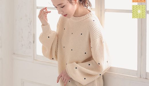 ラウンドネックドット刺繍プルオーバーニットトップス [C5279] レディース 可愛い かわいい ゆったり トップス ニット セーター 長袖 秋冬 秋 冬 春 ざっくり ざっくりニット クルーネック おしゃれ 大人可愛い ドット 水玉【送料無料】