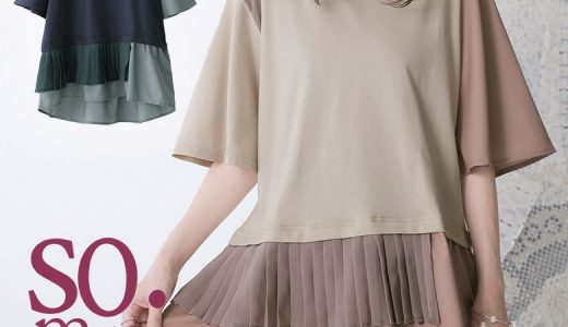 選べるM〜3Lサイズ展開！『somari imaginationシフォン×プリーツ配色カットソー』[カットソー 春夏 レディース トップス 半袖 Tシャツ 綿100％ シアー フレア 異素材 アシンメトリー 配色 重ね着風]※メール便可※【10】