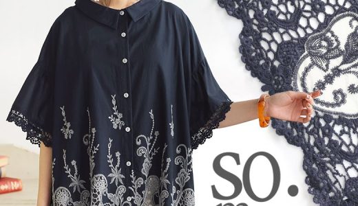 『somari imaginationレース×刺繍シャツブラウス』[シャツ ブラウス 春夏 レディース トップス 半袖 五分袖 綿100％ フレア フリル スカラップ 刺繍 レース袖 配色 ボタニカル柄]※返品交換不可※※メール便可※【10】