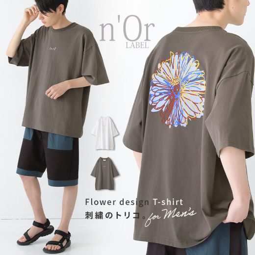 選べるM Lサイズ展開！『n'OrLABELフラワーグラフィカルTシャツ』[Tシャツ メンズ 春夏 ユニセックス トップス カットソー 半袖 綿100％ バックプリント 花柄 ロゴ 刺繍 ビッグシルエット オーバーサイズ]【メール便不可】【20】