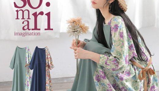 『somari imagination異素材フラワー水彩プリントワンピース』[ロング ワンピース レディース 春夏秋 七分袖 クルーネック フレア ウエストリボン ブラウジング 花柄 無地 フラワープリント ポケット 異素材]【メール便不可】【20】