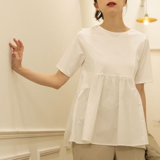 OPAQUE.CLIP シルク調コットン 異素材Aラインカットソー【洗える】 オペークドットクリップ トップス カットソー・Tシャツ ホワイト ブラック ブラウン ベージュ ブルー【送料無料】