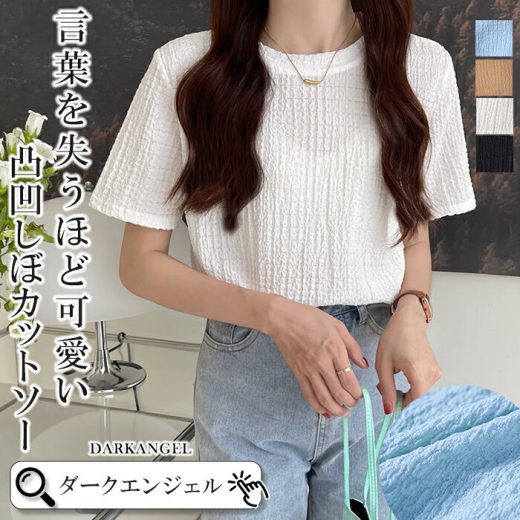 ＜クーポンで1,990円＞Tシャツ レディース 半袖 カジュアル きれいめ 凸凹 ジャガード しぼ 可愛い お洒落 ゆったり 大きいサイズ 着心地 夏 春 春夏 ジャスト丈 シンプル 韓国 ブラウス トップス カットソー 【 言葉を失うほど可愛い凸凹しぼカットソー 】 ダークエンジェル