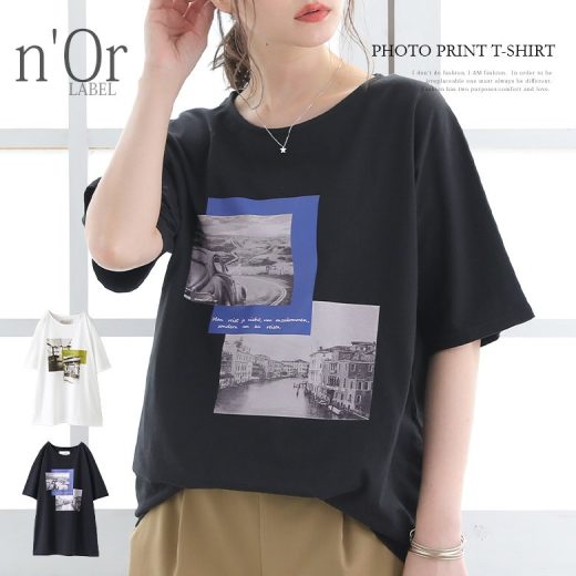 選べるM〜3Lサイズ展開！『n'OrLABEL選べるフォトグラフィックTシャツ』[カットソー 春夏 レディース 半袖 五分袖 トップス 綿100％ ドルマン フォトプリント 写真 モノクロ お揃い リンクコーデ]※返品交換不可※※メール便可※【10】