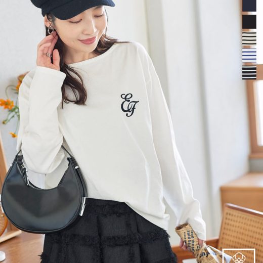 ≪9/16 大人気商品!!1690円≫ [ コットン100% ] 胸元刺繍ロゴ ロンT レディース 長袖 ロゴT ロゴTシャツ ロングTシャツ 秋 綿 コットン 綿100 フリー ゆったり チュニック 白 黒 ボーダー [C6874] 【送料無料】【メール便】