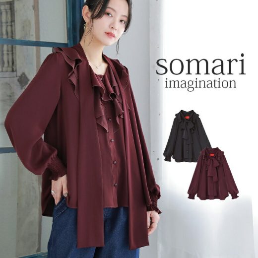 『somari imaginationボウタイ付きラッフルフリルブラウス』[シャツ レディース トップス 春秋冬 長袖 リボン シフォン レトロ クラシカル 高級感 上品]※メール便可※【10】