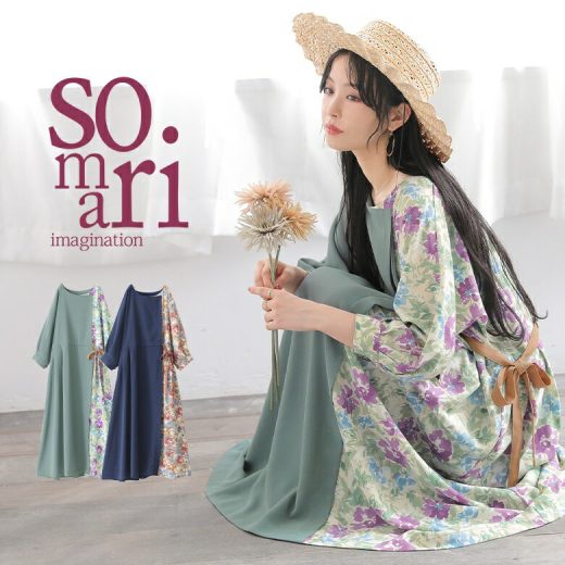 【全品送料無料】『somari imagination異素材フラワー水彩プリントワンピース』[ロング ワンピース レディース 春夏秋 七分袖 クルーネック フレア ウエストリボン ブラウジング 花柄 無地 フラワープリント ポケット 異素材]【メール便不可】【20】