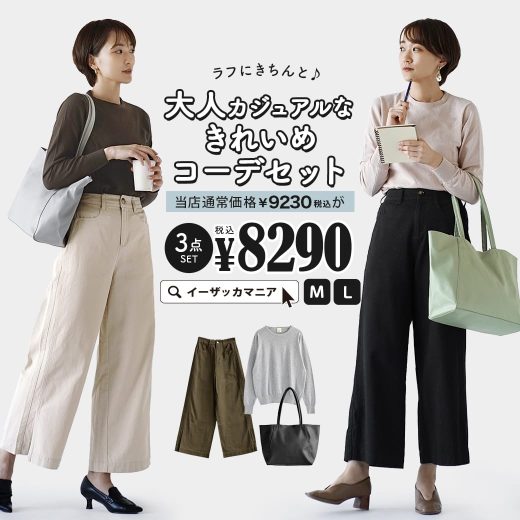 コーディネートセット 福袋 レディース M/L サイズとカラーが選べる！お得な3点 セット ！ トップス ニット セーター 長袖 パンツ ズボン ウエストゴム バッグ バック オフィス ゆったり 秋 冬 ◆ラフにきちんと♪秋の大人カジュアルなキレイめコーデセット【返品交換不可】