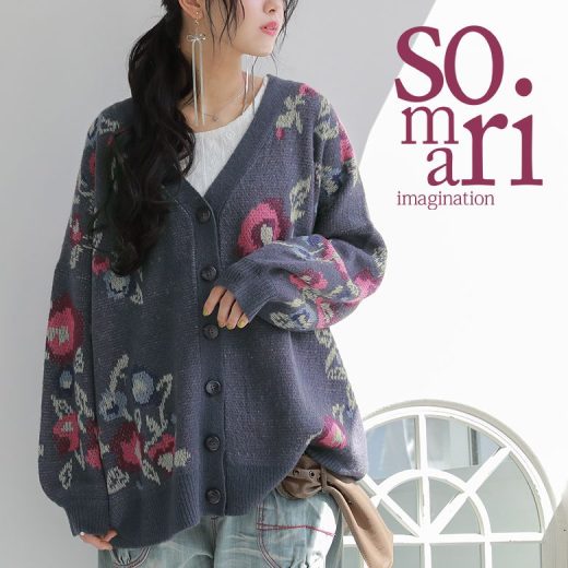 【40％OFF】『somari imagination花柄レトロニットカーディガン』[ショート丈 ニットカーディガン レディース 秋冬 トップス 羽織 長袖 Vネックジャカード ジャガード アシンメトリー]※返品交換不可※【メール便不可】【20】