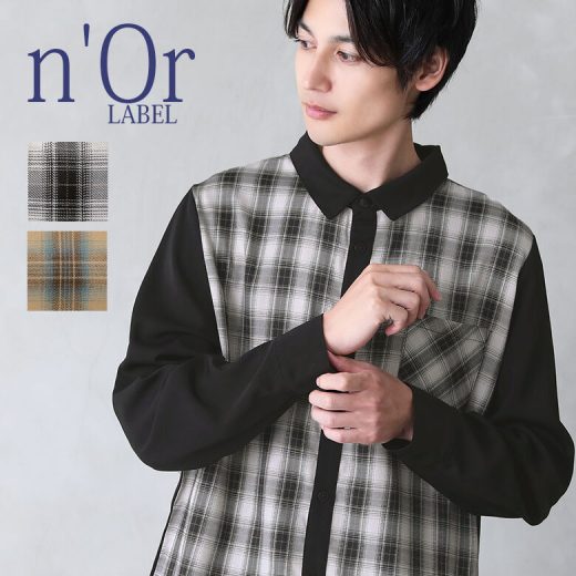 【50%OFF】『n'OrLABELチェック柄切替シャツ』[襟付き カジュアルシャツ メンズ トップス 羽織 長袖 配色 タータンチェック柄 無地 異素材 切り替え サイドスリット ボタンシャツ 大人カジュアル]※返品交換不可※【メール便不可】【20】