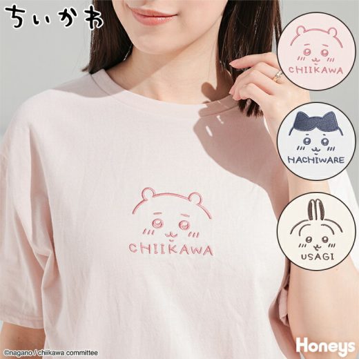 トップス Tシャツ 半袖Tシャツ カットソー 刺繍 ロゴ 綿混 クルーネック 可愛い レディース 春 夏 Honeys ハニーズ ちいかわ／Tシャツ