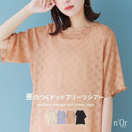 『ドットプリーツシアートップス』[n'OrLABEL トップス レディース 春夏 プルオーバー Tシャツ 半袖 プリーツ ドット柄 メロー シアー感 シアー生地 インナー カットソー ボトルネック 立ち襟 シースルー レイヤード]※メール便可※【5】