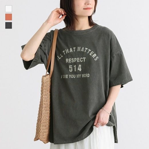 『カレッジロゴピグメントTシャツ』[Tシャツ カットソー トップス レディース 夏 半袖 カレッジロゴ ピグメント加工 古着ライク ユーズドライク ヴィンテージライク ゆったり カーブライン]※メール便可※【10】