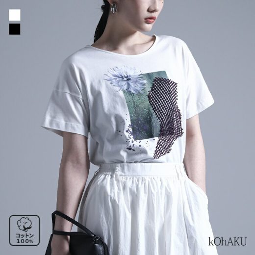 【全品送料無料】『コラージュプリントTシャツ』[kOhAKU Tシャツ トップス カットソー レディース 半袖 オリジナル コラージュ メッシュ スリット コットン100％ 綿100％]※メール便可※【5】