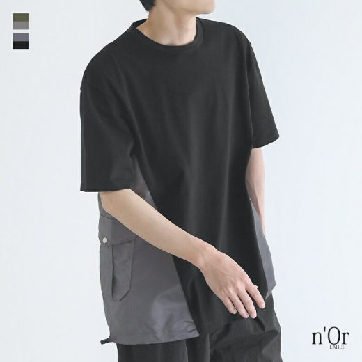 【30％OFF】『異素材デザインTシャツ』[n'OrLABEL Tシャツ トップス メンズ カットソー 半袖 配色 切り替え 異素材 ドッキング オーバーサイズ ドロスト ドローストリング]※返品交換不可※※メール便可※【10】