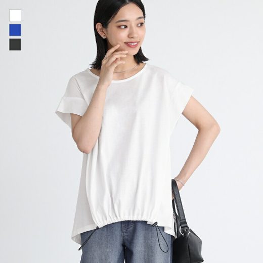 『裾ドロストデザインTシャツ』[Tシャツ トップス レディース 半袖 カットソー ドロスト ドローストリング 調節可能 タック コットン100％ 綿100％]※メール便可※【5】