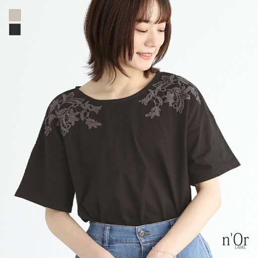 【50％OFF】『オリジナルモチーフレースTシャツ』[n'OrLABEL Tシャツ レディース トップス カットソー 半袖 綿100％ モチーフレース オリジナル ドロップショルダー]※返品交換不可※※メール便可※【5】