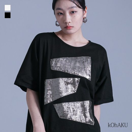 【全品送料無料】『異素材アシメデザインチュニックTシャツ』[kOhAKU Tシャツ レディース カットソー 半袖 チュニック丈 クルーネック 綿100％ アシンメトリー スリット ドットボタン]※メール便可※【10】