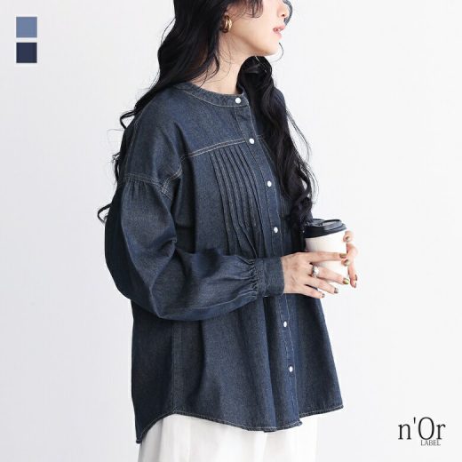 【50％OFF】『デニムピンタックシャツ』[n'OrLABEL デニムシャツ トップス 長袖 コットン100％ 綿100％ インナー 羽織 レディース ピンタック バンドカラー ギャザー袖 ラウンドヘム]※返品交換不可※【メール便不可】【20】