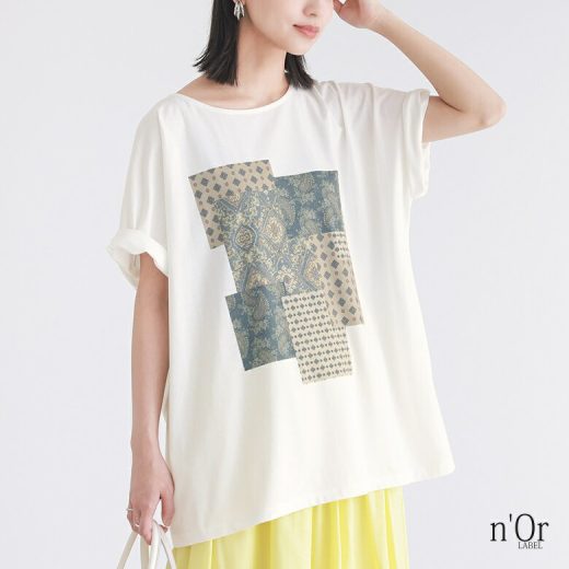 【全品送料無料】【50％OFF】『パッチワークプリントTシャツ』[n'OrLABEL Tシャツ トップス レディース カットソー プリントTシャツ デザインTシャツ 半袖 パッチワーク風 ゆったり ヨーク タック]※返品交換不可※※メール便可※【10】