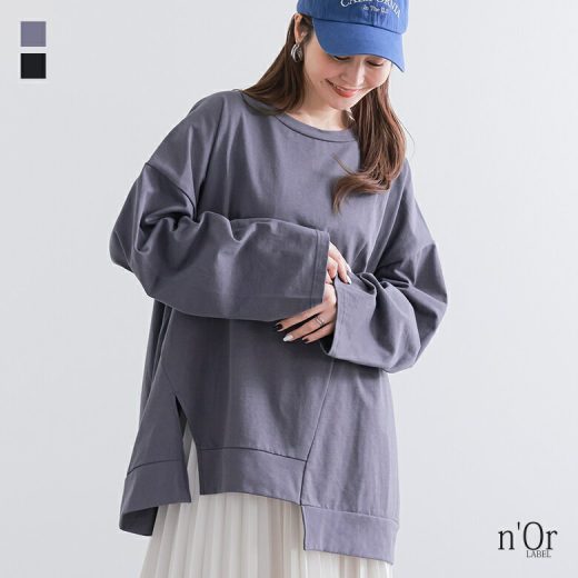 【50％OFF】『アシメデザインカットソー』[n'OrLABEL カットソー トップス レディース プルオーバー 春 長袖 アシメ アシンメトリー フレア スリット コットン100％ 綿100％]※返品交換不可※※メール便可※【10】