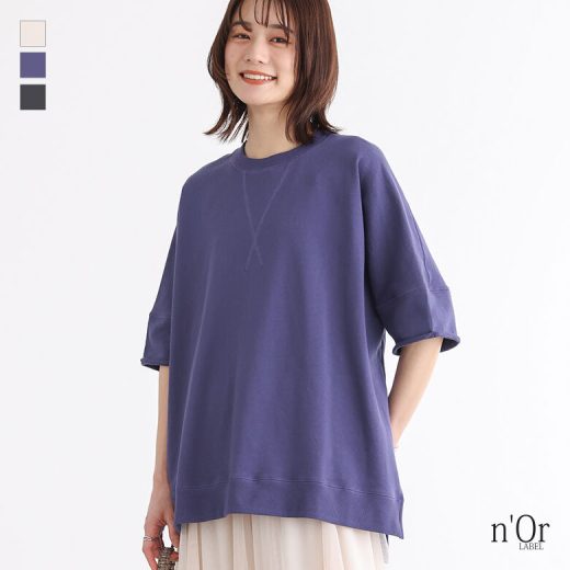 【50％OFF】『半袖スウェットプルオーバー』[n'OrLABEL スウェット トレーナー レディース 春夏 トップス プルオーバー 半袖 五分袖 ミニ裏毛 USAコットン 綿100％ クルーネック スリット シンプル カジュアル]※返品交換不可※【メール便不可】【20】