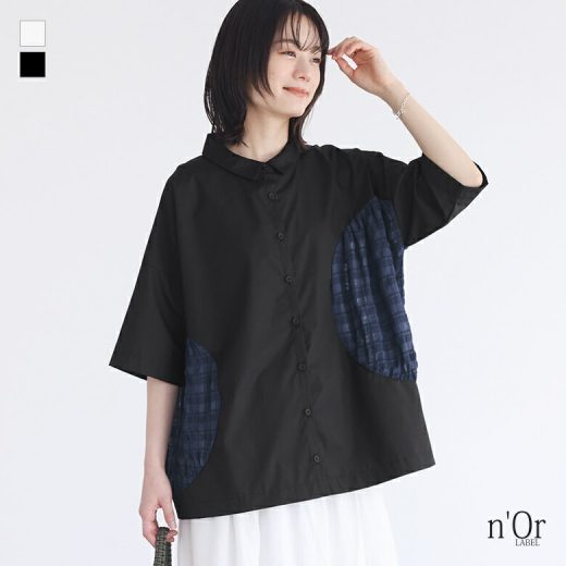 【50％OFF】『異素材ドットデザインシアー切替シャツ』[n'OrLABEL シャツ レディース トップス 五分袖 半袖 襟付き ボタンシャツ ドロップショルダー 透け感 シアー チェック柄 無地]※返品交換不可※※メール便可※【5】