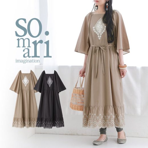 【全品送料無料】【30％OFF】『モチーフレースティアードワンピース』[somari imagination ロングワンピース レディース 春夏 七分袖 綿100％ 刺繍 スカラップレース スクエアネック フレア袖 ウエストリボン]※返品交換不可※【メール便不可】【20】