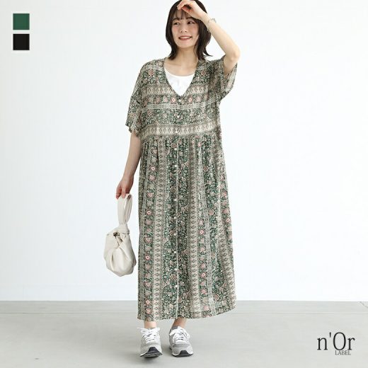 【40％OFF】『エスニック柄ワンピース』[n'OrLABEL ワンピース レディース 羽織 Vネック 半袖 シフォン 透け感 ロング丈 総柄 エスニック柄 レイヤード 重ね着]※返品交換不可※※メール便可※【10】