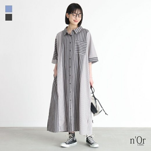 【全品送料無料】『マルチストライプ柄シャツワンピース』[n'OrLABEL ワンピース レディース シャツワンピ 羽織 半袖 五分袖 襟付き ストライプ柄 ロング丈 スリット レイヤード 重ね着]※メール便可※【10】