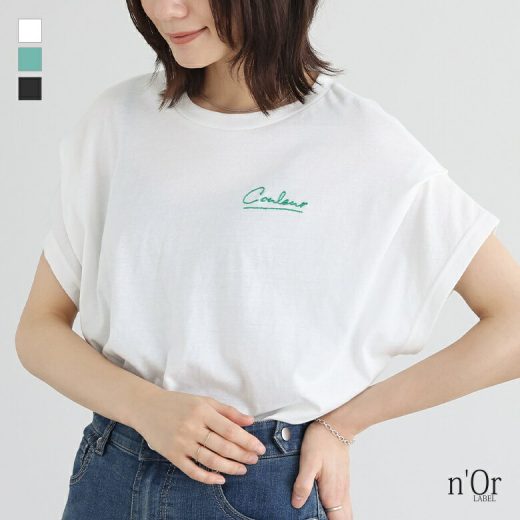 【全品送料無料】『タックスリーブステッチロゴTシャツ』[n'OrLABEL Tシャツ レディース トップス 半袖 カットソー 刺繍 ステッチ ロゴ 袖タック 配色 無地 綿混 プルオーバー]※メール便可※【5】