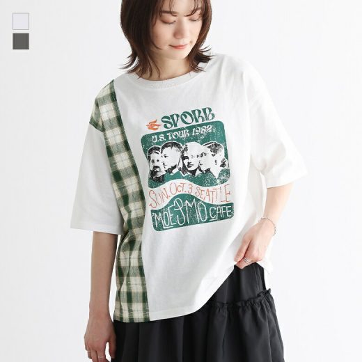 『リメイク風Tシャツ』[Tシャツ トップス カットソー レディース 半袖 リメイク風 バンド バンドTシャツ カスレ チェック柄 スリット 切り替え 古着風 コットン100％ 綿100％]※メール便可※【5】