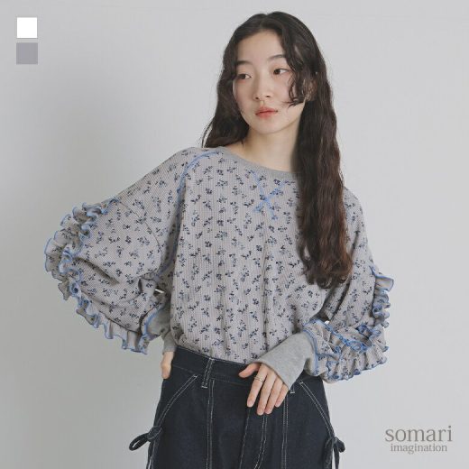 カットソー レディース トップス 長袖トップス 長袖 プルオーバー Tシャツ ロングTシャツ ロンT クルーネック フリル ワッフル 花柄 花柄ワッフル生地 プリント Vガゼット ステッチ ラグラン 二の腕カバー ロマンティック オシャレウォーカー※メール便可※【10】