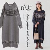 【全品送料無料】『ノルディック柄ニットワンピース』[n’OrLABEL ワンピース レディース 秋冬 ニット セーター 長袖 クルーネック ノルディック柄 コクーン カシミヤタッチ]【メール便不可】【30】