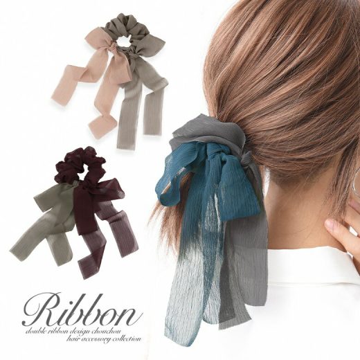 [期間限定クーポンで全品5％OFF]『ダブルリボンシュシュ』[シュシュ ヘアアクセサリー ヘアゴム レディース リボン ダブルリボン 結ぶ くくる ひらひら ボリューム 大きめ バイカラー 配色 パステル]※メール便可※【5】