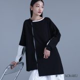 [期間限定クーポンで全品10％OFF]カットソー トップス ロンT レディース ユニセックス 長袖 春 秋 冬 アシンメトリー タック 綿100％ ロング丈 配色 クルーネック ゆったり 大きいサイズ 体型カバー 二の腕カバー お尻が隠れる 着回し【メール便不可】【20】