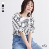 [期間限定クーポンで最大20％OFF]『袖タックデザインUSAコットンTシャツ』[n’OrLABEL Tシャツ レディース トップス 半袖 五分袖 無地 ボーダー柄 USAコットン タック カットソー プルオーバー]※メール便可※【10】