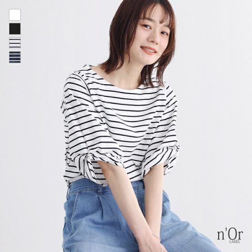 [期間限定クーポンで最大20％OFF]『袖タックデザインUSAコットンTシャツ』[n'OrLABEL Tシャツ レディース トップス 半袖 五分袖 無地 ボーダー柄 USAコットン タック カットソー プルオーバー]※メール便可※【10】