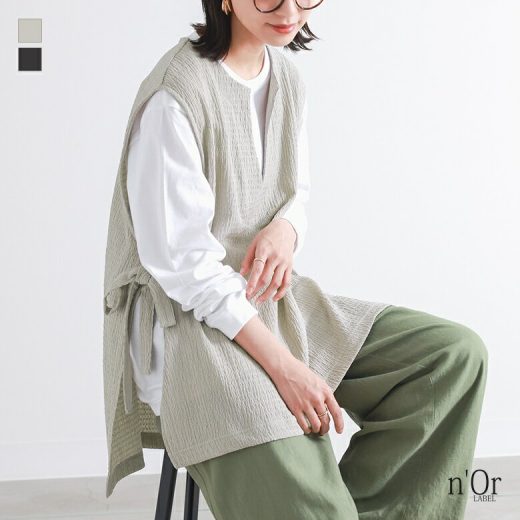 [期間限定クーポンで最大20％OFF]『脇リボンベスト』[n'OrLABEL ベスト レディース トップス ノースリーブ キーネック レイヤード 重ね着 リボン 前後差 こなれ感 抜け感 ロングシーズン 無地 ポコポコ]※メール便可※【10】