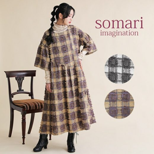 【送料無料】『カットジャカードティアードワンピース』[somari imagination ワンピース レディース ロング丈 クルーネック 五分袖 フレアスリーブ チェック柄 アシメ アシンメトリー]【メール便不可】【30】