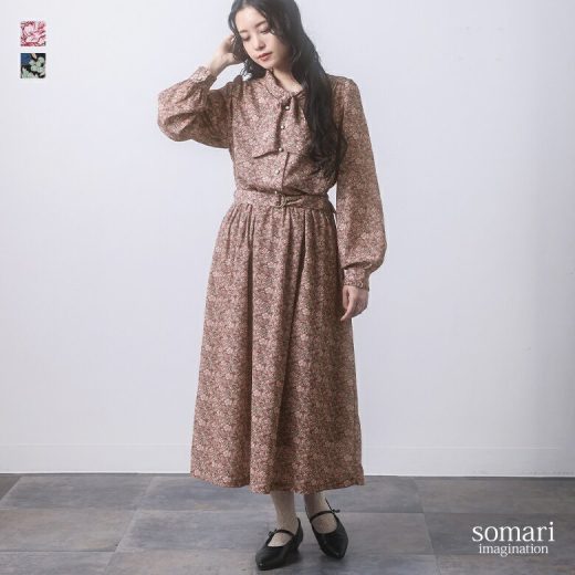 【感謝価格】『レトロ花柄プリントワンピース』[somari imagination ワンピース ロング丈 ロングワンピース レディース 長袖 花柄 総柄 ボウタイ ウエストベルト フリル ポケット]※返品交換不可※※メール便可※【10】