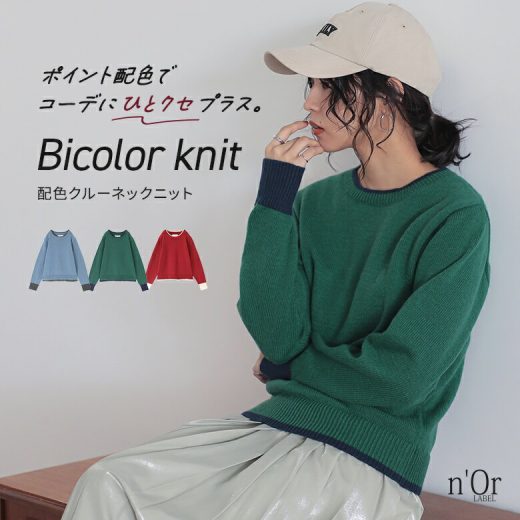 【40％OFF】ニット 長袖 レディース トップス セーター クルーネック 天竺編み 無地 配色 バイカラー プルオーバー レイヤード 重ね着 ざっくりニット リブ あったか 上品 きれいめ オシャレウォーカー◇【メール便不可】【30】