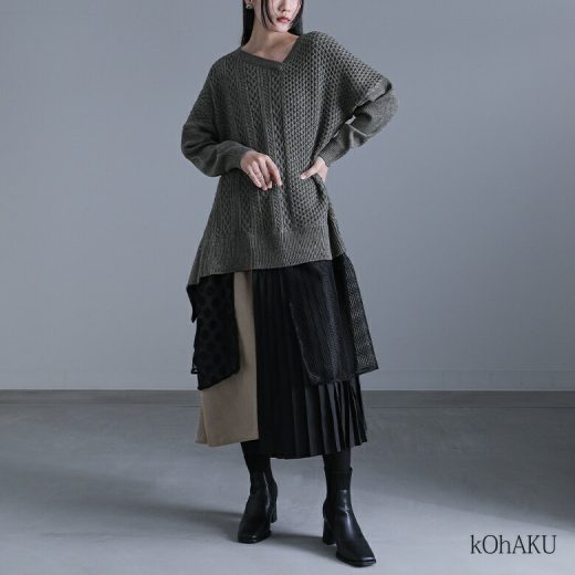 【30％OFF】ワンピース ニットワンピース ロングワンピース レディース 秋 冬 ニット 長袖 アシンメトリー Vネック シアー プリーツ メッシュ 異素材 ゆったり 大きいサイズ 体型カバー 二の腕カバー◇【メール便不可】【30】