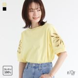 Tシャツ トップス カットソー レディース 綿100％ 半袖 ぽわん袖 春夏 ボートネック 刺繍 プルオーバー 無地 袖コンシャス 花柄 ボタニカル柄 体型カバー 二の腕カバー 大きいサイズ※メール便可※【10】