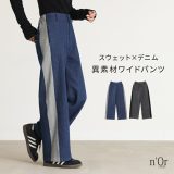 [期間限定クーポンで全品10％OFF]【感謝価格】デニム ワイドパンツ レディース ボトムス 裏毛 スウェット 異素材 ロングパンツ ストレート ジーンズ 春 秋 冬 綿100％ 異素材 ラインパンツ 裏毛 伸縮性 リブ 楽 楽ちん 選べる サイズ◇【メール便不可】【20】