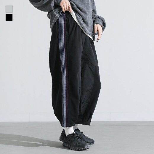[4/21 12:59迄クーポンで最大15％OFF]ワイドパンツ レディース ボトムス トラックパンツ リメイク風 ロングパンツ 異素材 ウエスト紐 サイドライン スウェット生地 ナイロン セットアップ 春 オシャレウォーカー【メール便不可】【30】