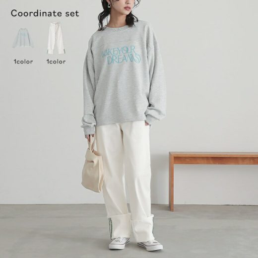 [4/15 23:59迄クーポンで20％OFF]2点コーデセット 2025 レディース デニム ボトムス ジーパン ストレートデニム ロールアップデニム スウェット トップス トレーナー 長袖 裏毛 カットソー ロゴ プルオーバー ロゴT オシャレウォーカー【メール便不可】【50】
