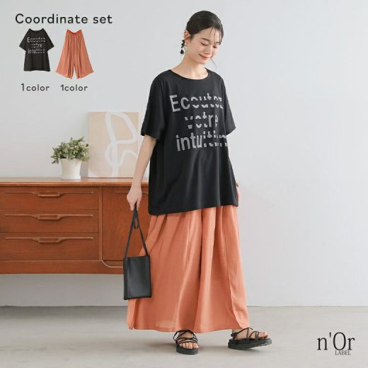 『グラフィカルロゴTシャツ×ゆるひら涼スラブパンツコーデ2点SET』[2点コーデセット 2025 レディース トップス Tシャツ カットソー ロゴT ボトムス パンツ フルレングス ロング スカンツ【メール便不可】【20】
